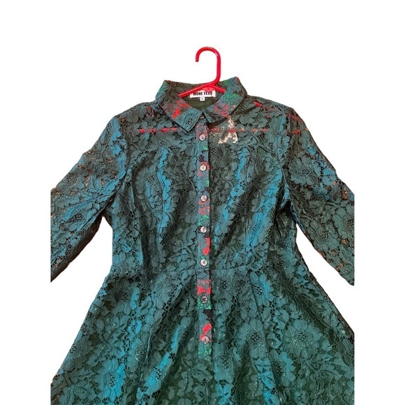 Hone Year Mini Shirt Dress Women's XL Green Floral Lace Lined Cotton Blend - Picture 2 of 9
